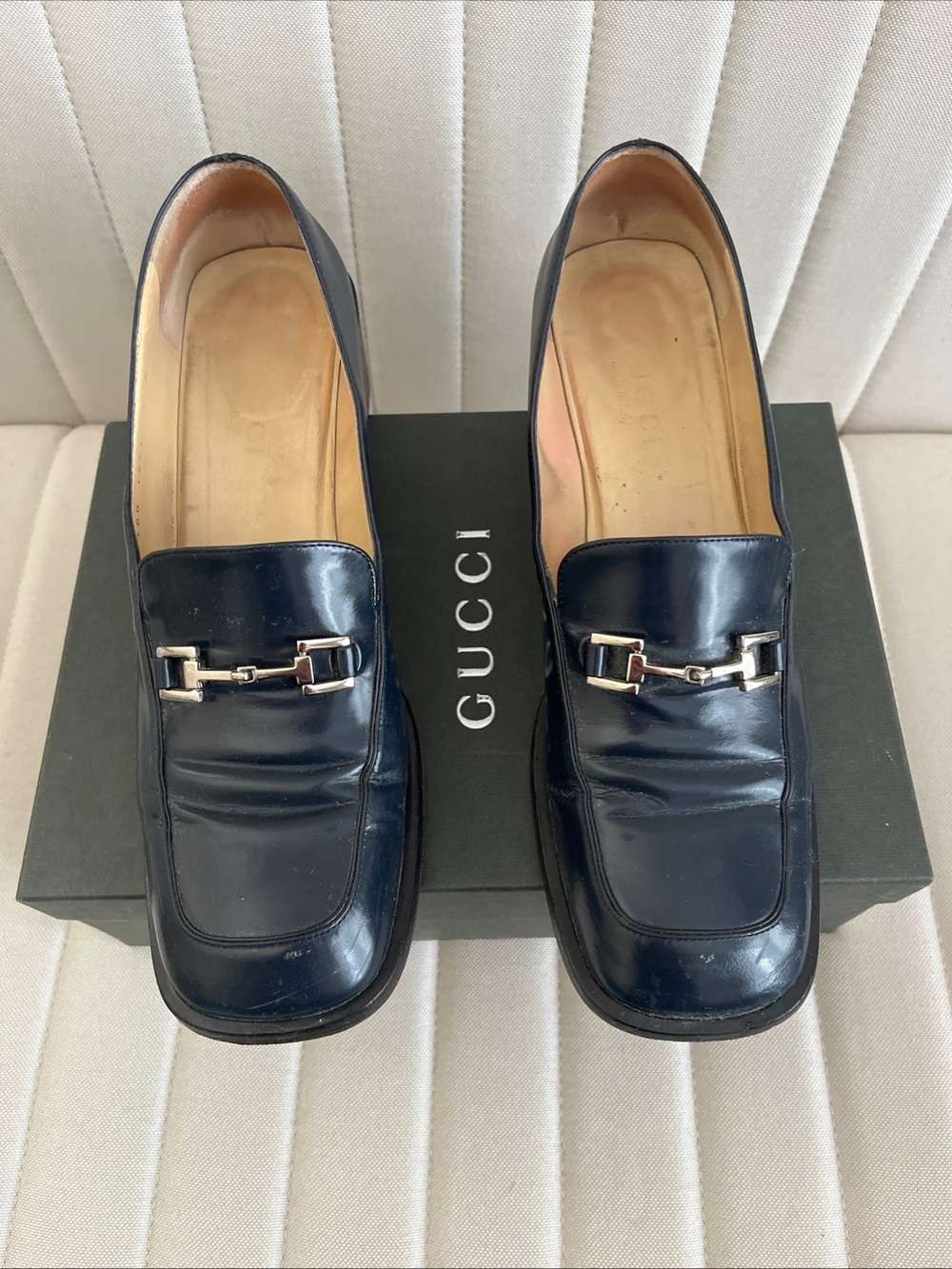 Gucci Navy Leather Horsebit Slip-On Heels